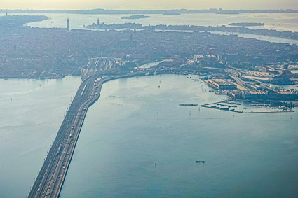 Aerial photo of Ponte della Libertá and Ponte della Ferrovia, Venice, Italy