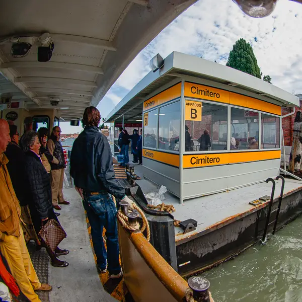A vaporetto arrives at San Michele, Venice's island cemetery.