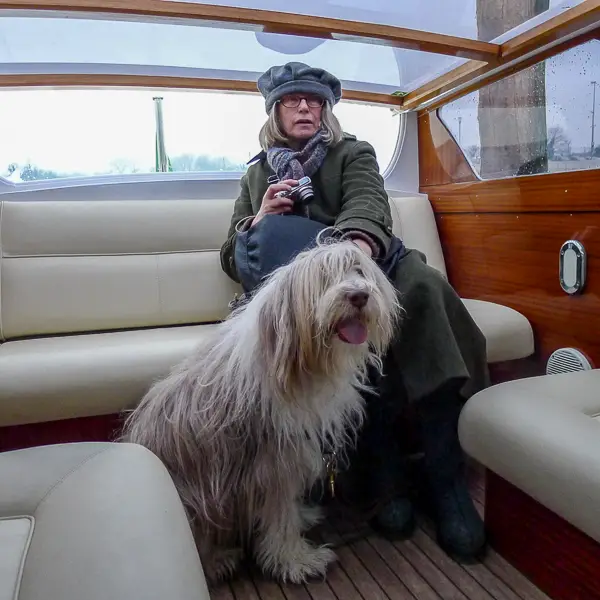 Our late dog Maggie rides in a Venice water taxi.