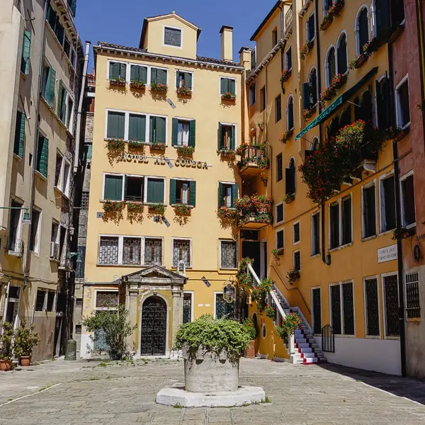 The Hotel al Codega is on a quiet square between Venice's Piazza San Marco and the Rialto Bridge.