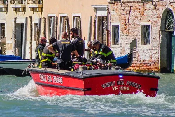 A fireboat on the Grand Canal in Venice.