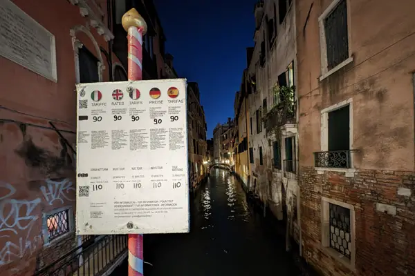 Gondola fares sign in Venice.