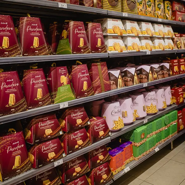 Christmas cakes tempt customers at the Coop supermarket on Venice's Strada Nova.