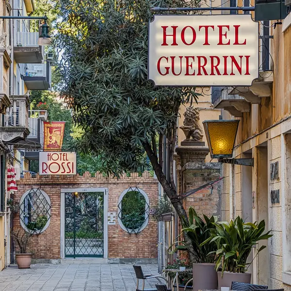 Hotels dot the side streets off the main pedestrian route from Venice's Santa Lucia Railroad Station.