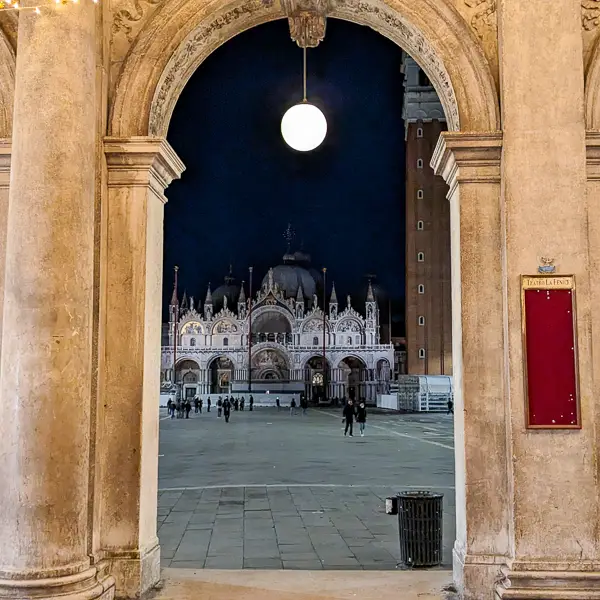 We took this photo of a nearly deserted Piazza San Marco at night from the arcades at the western end of the square.
