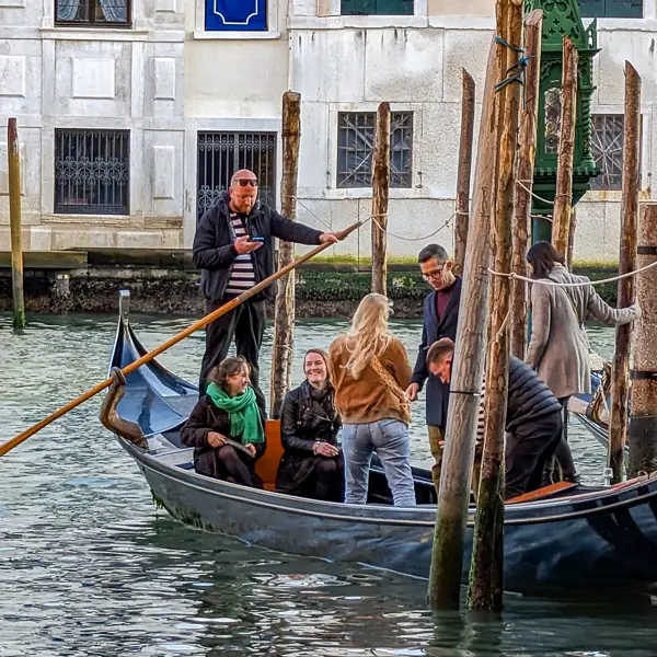 A traghetto ferriees passengers across Venice's Grand Canal. (These oversize gondolas are rowed by two oarsmen and offer a shortcut for footsore pedestrians who don't feel like walking to the nearest major bridge.)