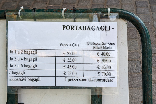 Baggage porter rates in Venice.