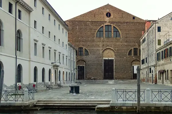 Benches in Campo San Lorenzo, Venice, Italy.