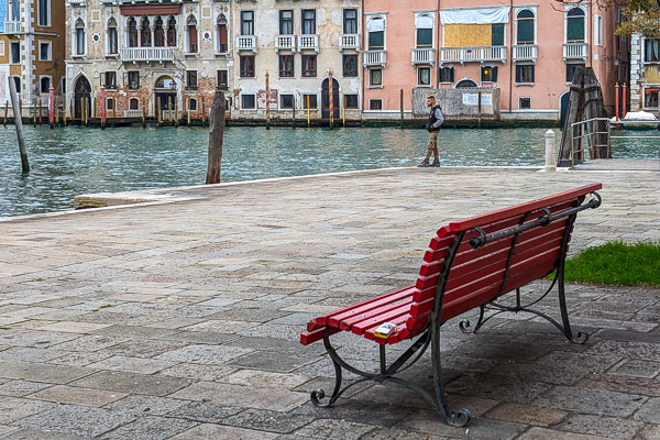 Bench and view of the Grand Canal in Campo San Vio, Venice, Italy.