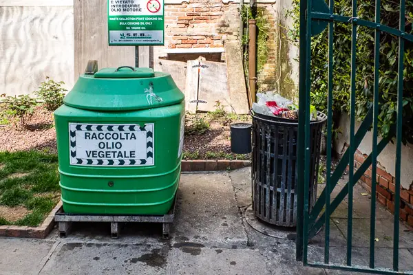 Cooking oil recycling receptacle, Parco Savorgnan, Venice.