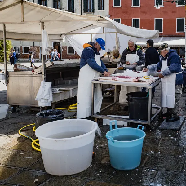 Fishmongers prepare their wares at a stand in the Campo Santa Margherita.