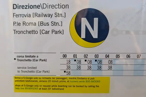 ACTV 'N' Night Boat timetable from Ca' d'Oro, Venice.