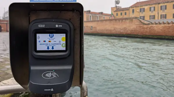 ACTV 'Tap to Pay' ticket validator and card reader in Venice, Italy.