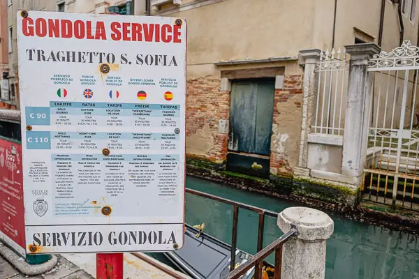 Gondola fares sign in Venice.