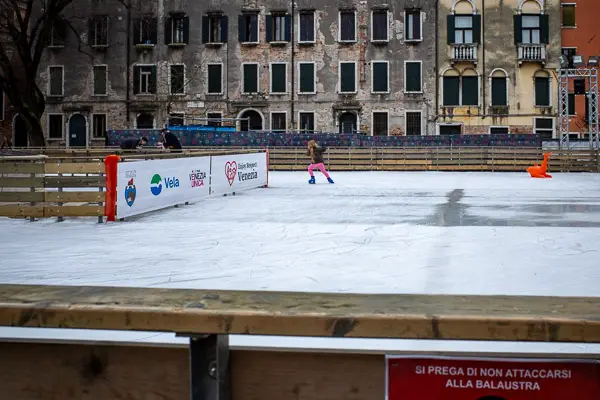 Ice-skating rink in Campo San Polo, Venice, Italy, 2025.