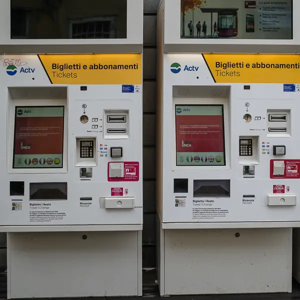 Ticket machines await waterbus passengers at Venice's Piazzale Roma vaporetto station.