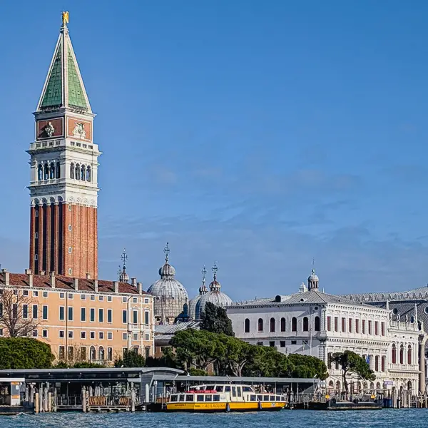 An Alilaguna airport boat lands at the San Marco Giardinetti waterbus stop in Venice, Italy.
