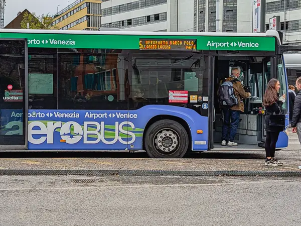 An ACTV 'Aerobus' arrives in Venice's Piazzale Roma.