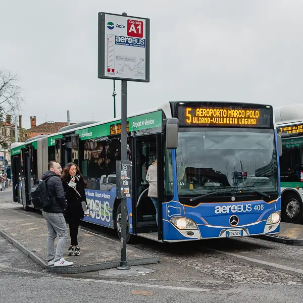 An ACTV 'Aerobus,' a.k.a. the No. 5 airport bus, waits for passengers at Venice's Piazzale Roma.