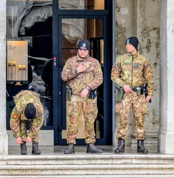 Soldiers keep an eye on the Piazza San Marco in Venice, Italy.