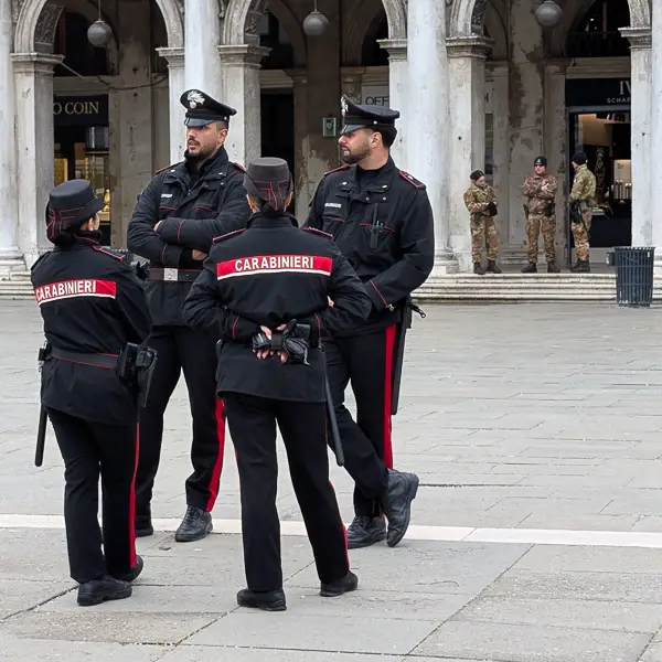 Carabinieri and soldiers in camouflage keep an eye on the Piazza San Marco in Venice, Italy.