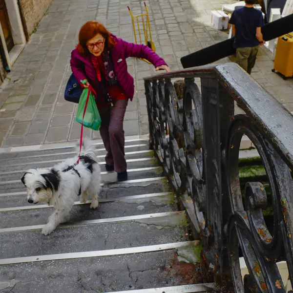 A woman and her dog cross a footbridge from the Calle Albanesi in Venice's Cannaregio district.