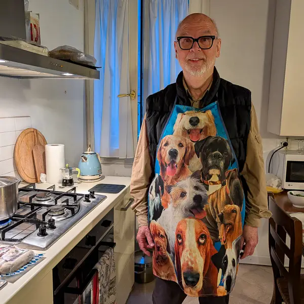 Durant Imboden sports a dog-themed apron from a Venice souvenir stand.