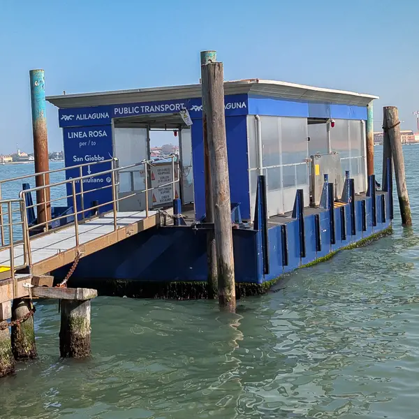 The Linea Rosa pier in central Venice is a short walk from other public waterbus landings. (If you're facing vaporetto platform A, you'll need to head left along the waterfront.)