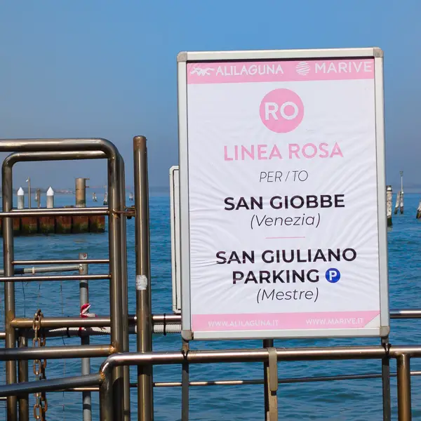 Marive Transport 'Pink Line' signboard at Fondamente Nove in Venice, Italy.