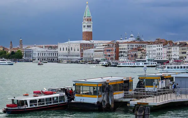 ACTV Arsenale vaporetto stop and the San Marco waterfront in Venice, Italy.