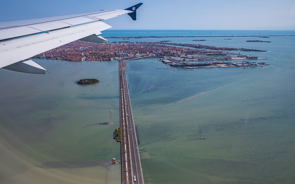 Aerial view of causeway to Venice, Italy
