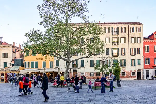 Benches in Campo Santa Margherita, Venice, Italy.