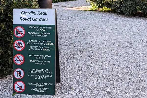 Rules for using Giardini ex-Reali (Royal Gardens), Venice, Italy.