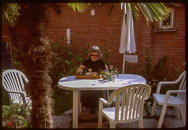 Cheryl Imboden eating spaghetti in Venice, 1999