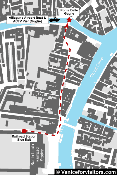 Map of route from Venice Santa Lucia Railroad Station to Ponte delle Guglie